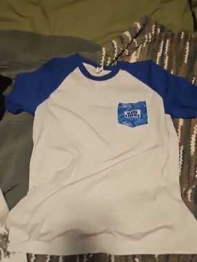 Blue & White Raglan Tee with Logo Pocket